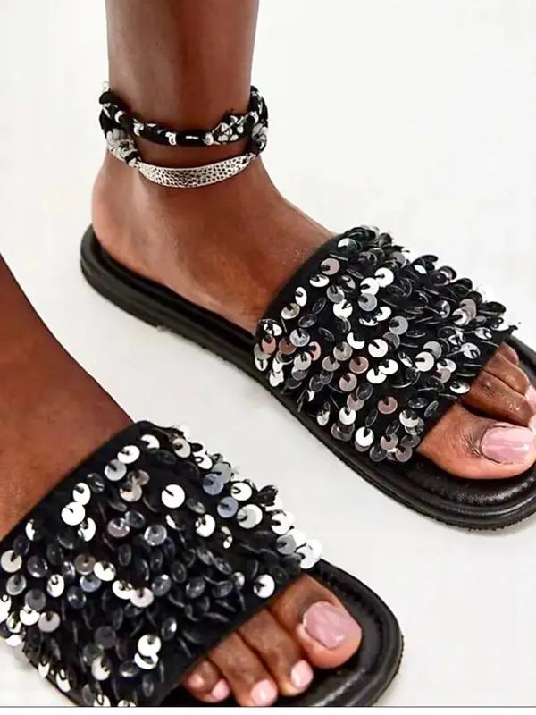 NWOT Free People Black Sequin Slide Sandals - Image 2