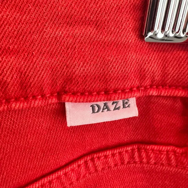Daze Denim Just Right High Rise Straight Leg Jeans Cherry Red Raw Hem Size 27 - Image 3