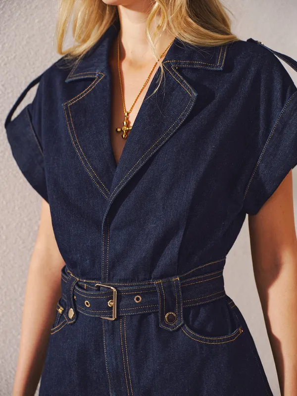 Commense Denim Belted Collar Romper NWT Navy Relaxed Fit Belted Shorts Medium - Image 2