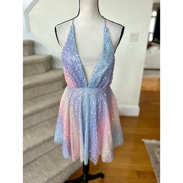 Hello Molly Pastel Rainbow Sequin Purple Blue Pink Mini Plunge Skater Dress - Image 3