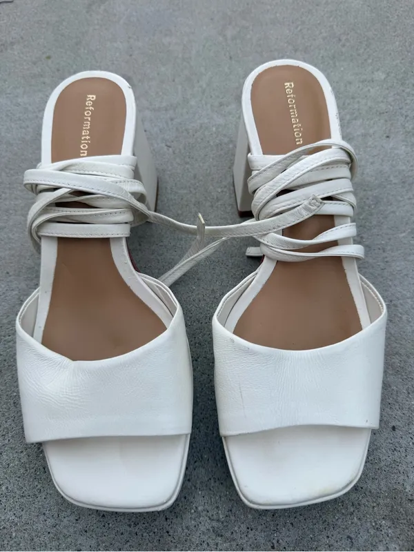 Reformation White Leather Platform Block Sandals Lace-Up Formal Size 7.5 - Image 2