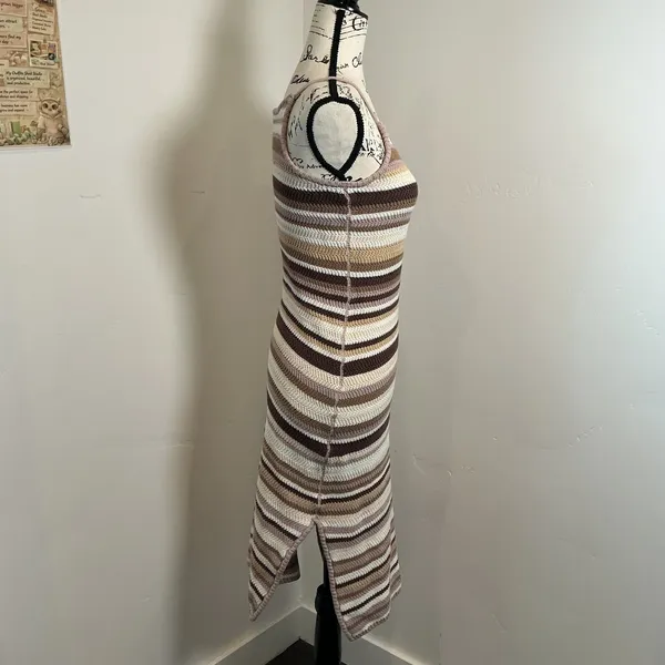 House of Harlow 1960 Striped Knit Bodycon Midi Dress Brown Tan Medium Boho Slit - Image 2
