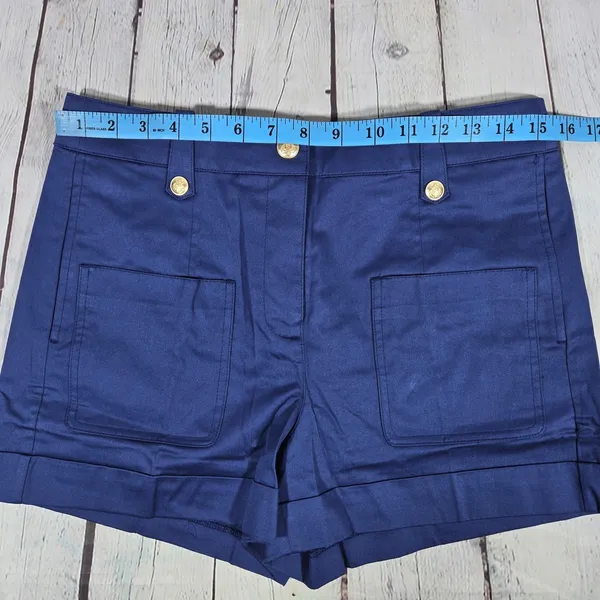 J Crew High Rise Cuffed Shorts Navy Blue Cotton Blend Size 4 Gold Button‎ Detail - Image 8