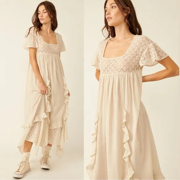 Free People Ethereal Bohemian Bring The Romance Midi Maxi Dress Neutral Small - Image 7