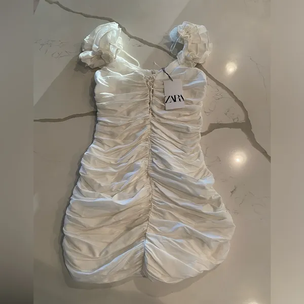 ZARA woman’s white braced linen blend mini dress - scrunched chic summer - XS - Image 3