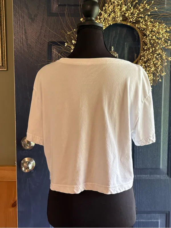 Nike White Cropped Oversized Swoosh Tee size Small - Image 4