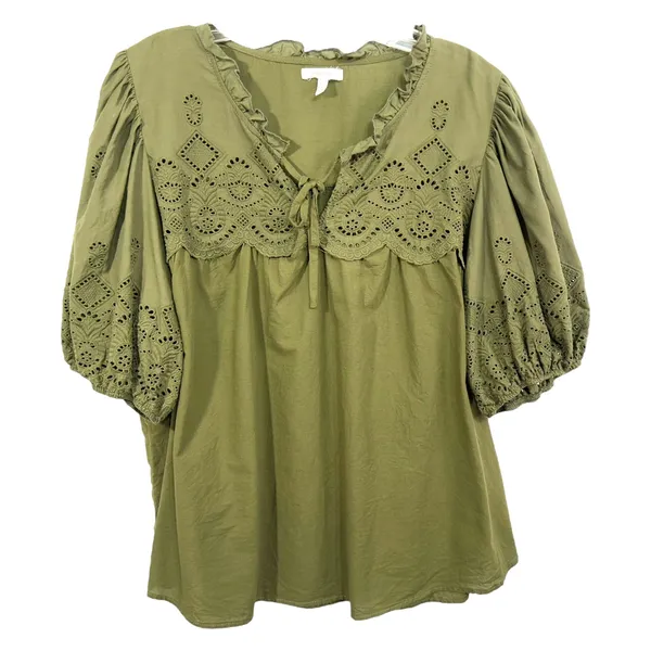 Maurices XXL Top Eyelet Blouse Peasant Top Puff Sleeve‎ Olive Green 907 - Image 2