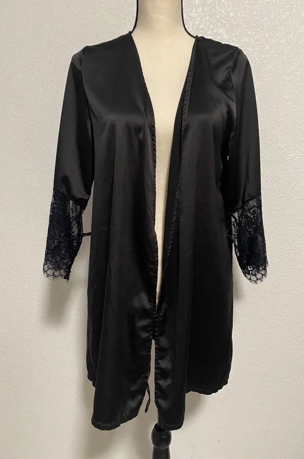 Coquette Womens Short Satin Black Robe with Eyelash Lace Sleeves One Size - Image 2