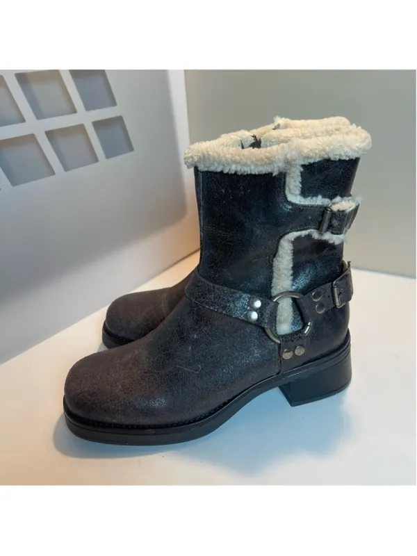 Steve Madden Brixton Brown Distressed Leather Faux Fur Mid-Calf Moto Boots 8 - Image 3