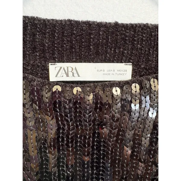 ZARA Sequin Pullover Top Black Cropped Long Sleeve Crew Neck Sweater Small - Image 4