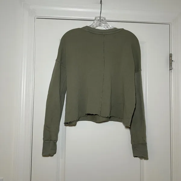 Free People Ruffle Front Sweatshirt Olive Green XS Raw Hem Cotton Pullover - Image 6