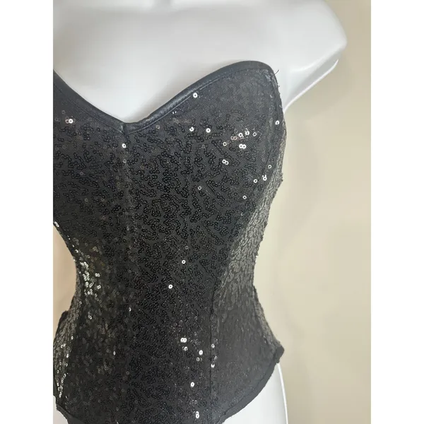 Leg Avenue Women Black Sequin Corset Top Sweetheart Neck Medium Strapless Zipper - Image 2