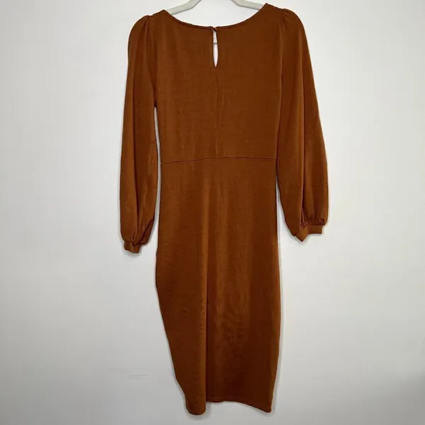 Kittenish Tie Scrunch Front‎ Midi Sweater Dress V Neck Long Sleeve Keyhole Back - Image 7