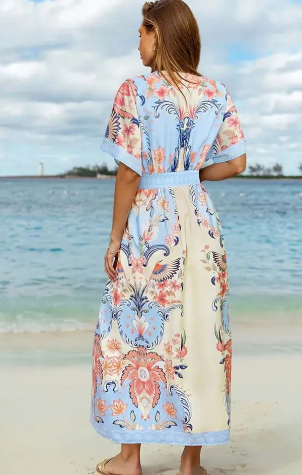 CUPSHE Watercolor Morning Floral V-Neck Smocked Maxi Dress with Side Slits - Image 2