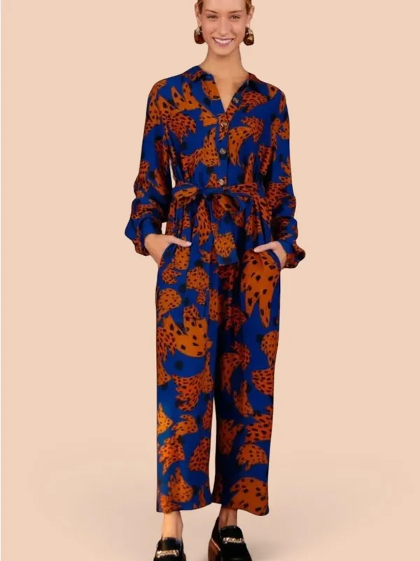 Farm Rio Banana Blue & Brown Printed Jumpsuit with Tie Waist Size Small - Image 2