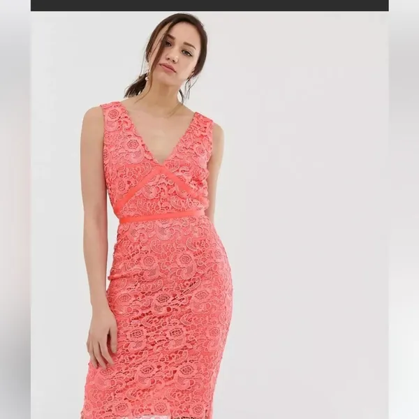 ASOS Paper Dolls‎ Coral Lace V Neck Bodycon Pencil Cocktail Dress Sz 8 NWT - Image 16