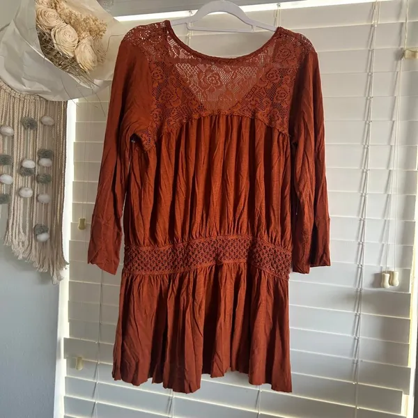 Free People Rust Lace Inset baby doll Boho Tunic Top Size M - Image 2