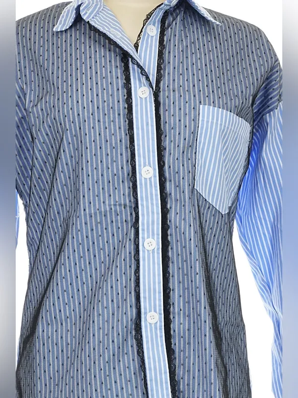 Liz & Co Lizette Collection Button-Front collared Mixed-Panel Chevron/Herringbone Shirt M - Image 6