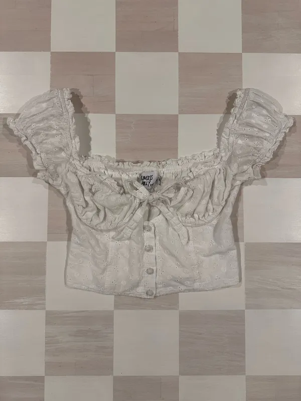 Princess Polly White Eyelet Puff Sleeve Ruched Button Front Crop Top Cottagecore - Image 3
