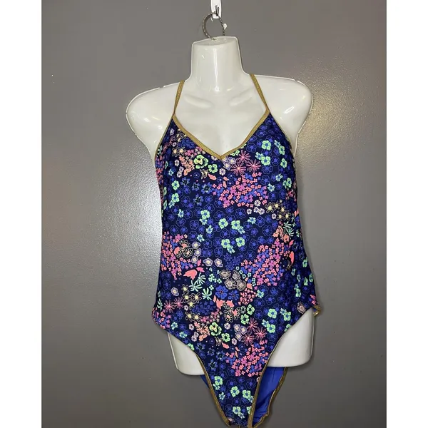 Aerie Swimsuit Womens XL Blue Floral One Piece Triangle Crisscross Back Strappy - Image 2