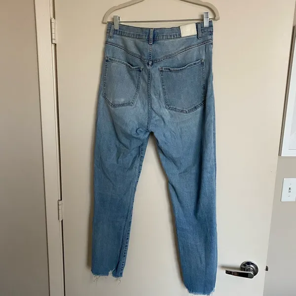 Express Super High Waisted Light Wash Raw Hem Slim Jeans - Image 5