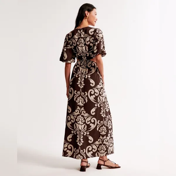 Abercrombie & Fitch Short Puff Sleeve Cutout Maxi Dress Brown Tan Floral Pattern - Image 4