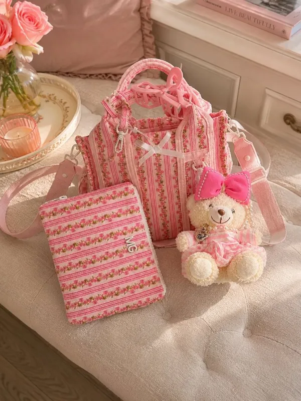 Madden Girl Floral Stripe Mini Tote Teddy Bear Charm Pink Coquette NWT - Image 2