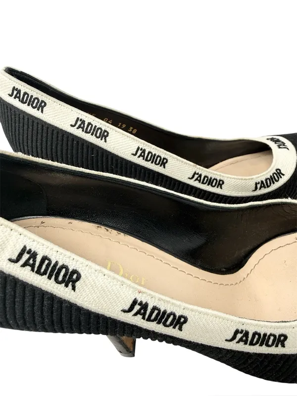 Dior J’Adior Logo Ribbon Black Canvas Slip On Pointed Toe Pumps Size 38 - Image 4