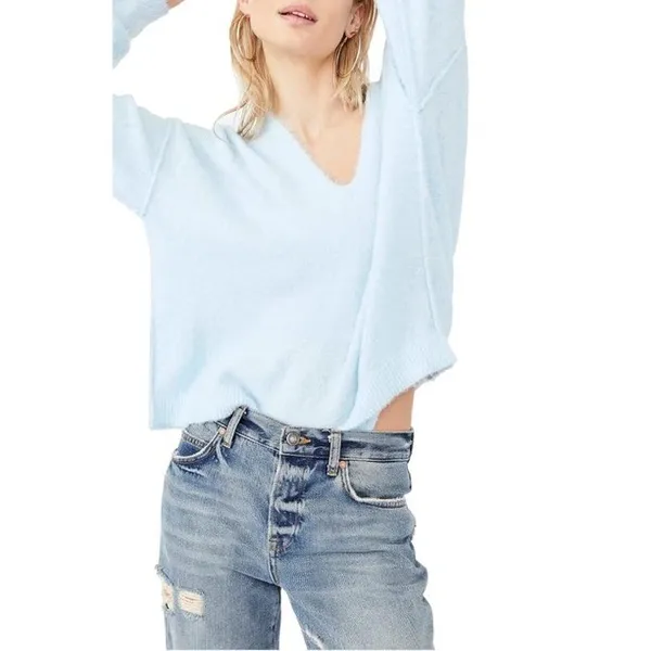 Free People Womens Princess‎ Delicate Blue Fuzzy Ethereal Coquette Sweater M - Image 2