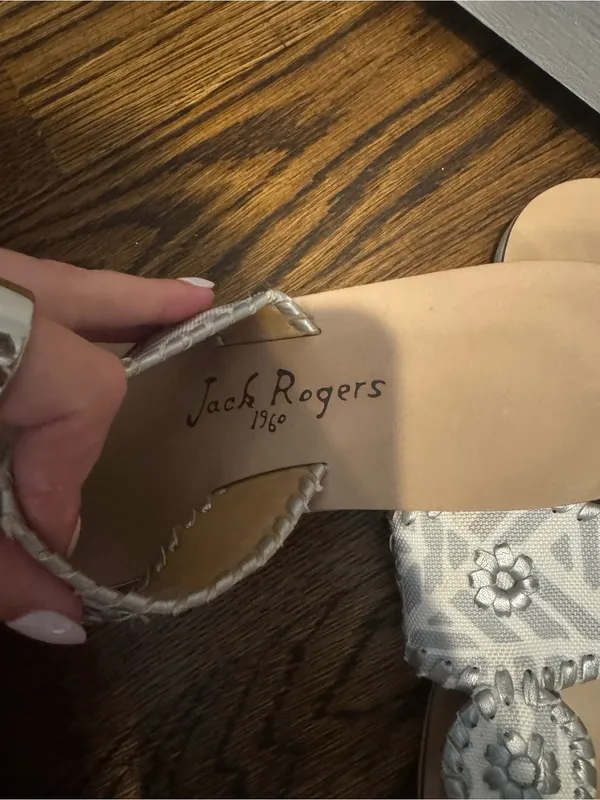 Jack Rogers White and Silver Patterned Leather Slide Sandals - Image 3