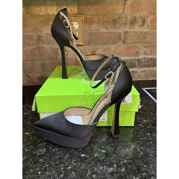 Sam Edelman Andie Pumps Black Satin Embellished Platform Heel Size 8.5 - Image 4