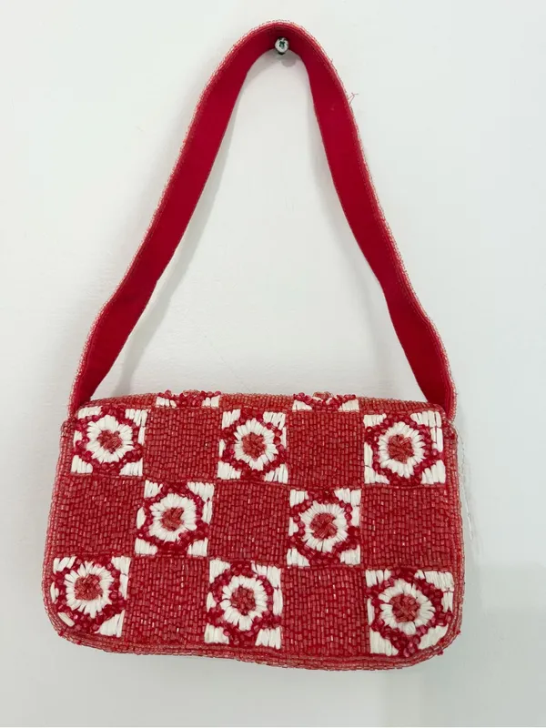 Anthropologie The Fiona Beaded Bag: Red and While Floral Festive Holiday - Image 3