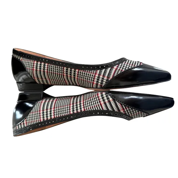 NEW J.Crew Black White Red Houndstooth Plaid Spectator Pointed Toe Ballet Flats - Image 3