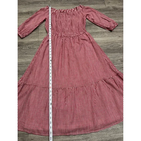 Old Navy Cotton Blend Dress S Red Gingham Smocked Off Shoulder Tiered Midi Dress - Image 8