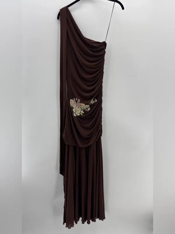 SAEMDI Mesh Embroidered Brown Floral Maxi Dress - Image 7