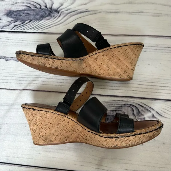 BORN Cork 3” Wedge Heel Strappy Slip-On Black Leather Sandals Sz‎ 10 Platform - Image 4