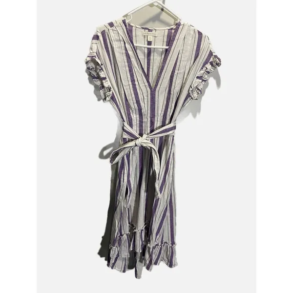 Chelsea & Violet Stripe Dress Womens XS Purple Linen Blend Ruffle‎ Boho Summer - Image 2