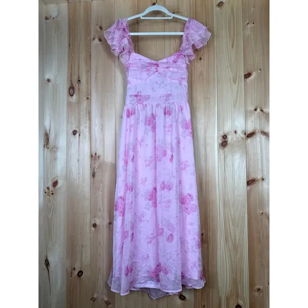 NWT Lulus Loveliest Darling Light Pink Floral Ruffled Tie-Back Midi Dress Sz L - Image 2