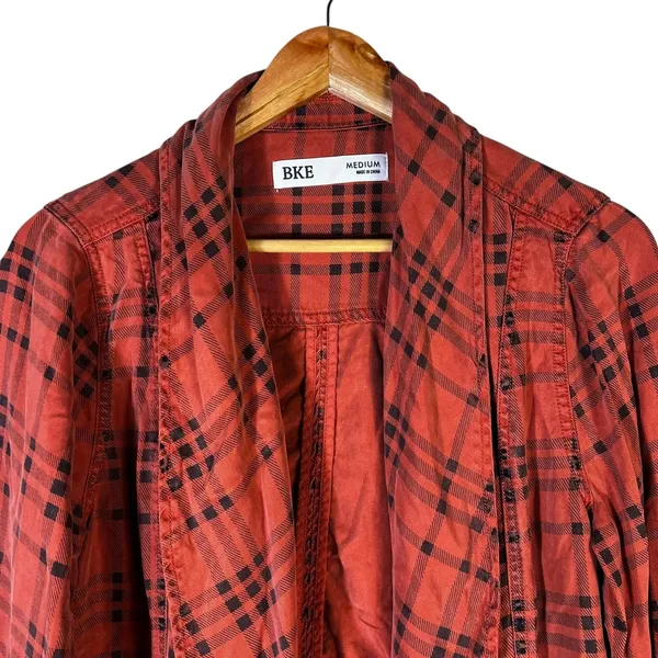 BKE Open Front Plaid Jacket Red Drawstring‎ Waist Grunge Streetwear Size M - Image 3