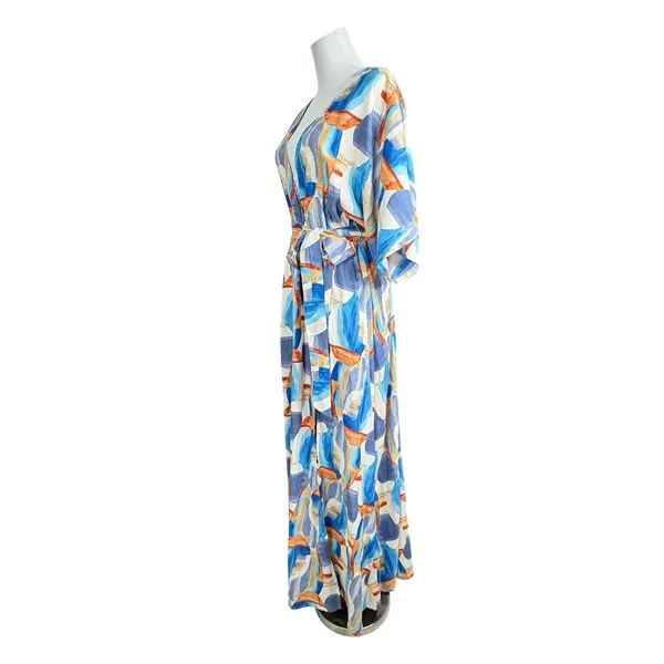 Baltic Born Morgan Kimono Maxi Dress XL Blue White Floral Abstract Peasant - Image 3