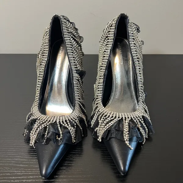Azalea Wang Trystan Black Rhinestone Fringe Ruffle Pointed Toe Stiletto Pumps 11 - Image 2