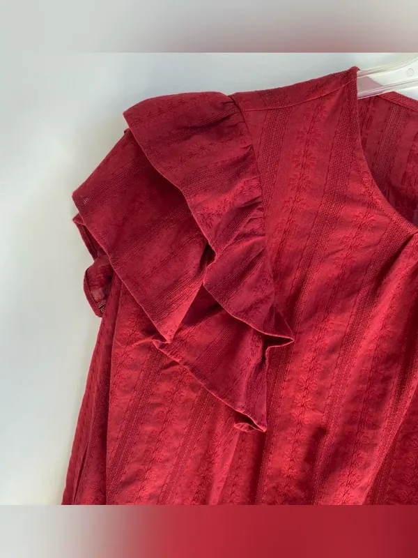 Deep red billowy sleeves ruffle shoulder blouse fall prairie boho peasant top L - Image 2