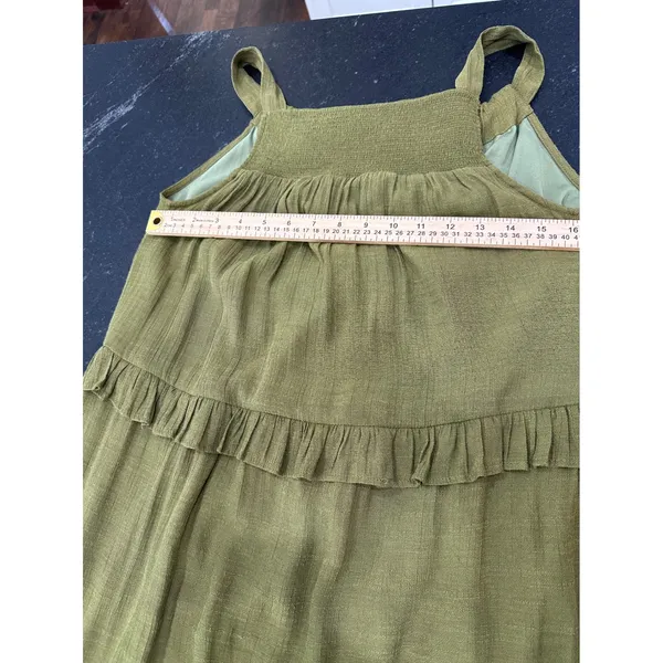 Emelia Olive Green Tiered Ruffle Maxi Dress Smocked Tie Back Boho XS Y2634 - Image 4