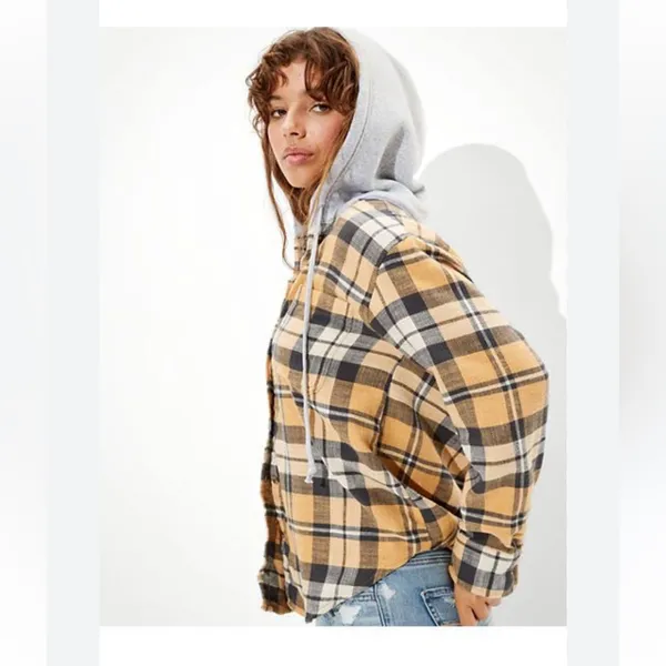 American eagle yellow gray plaid flannel hooded button up shirt - Image 3