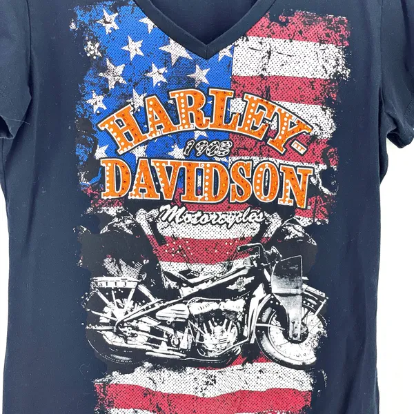 Harley Davidson Motorcycle American Flag Bling V-Neck T-shirt Laconia NH - Image 2