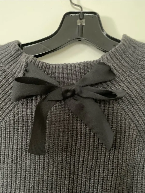J Crew Wool Sweater Womens Small Gray Bow Detail Knit Minimalist Quiet Luxury - Image 2