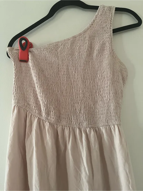 Blush Pink One Shoulder Midi Dress Medium Smocked Tiered Romantic Summer Wedding - Image 2