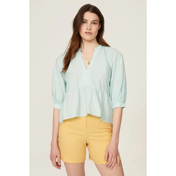 AMANDA UPRICHARD Light Blue Linen Blend Puff Sleeves Peplum Diego Top Size M - Image 2