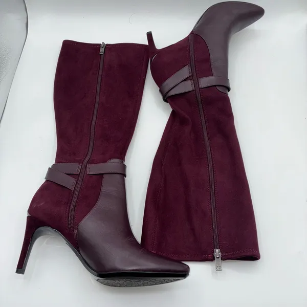 Calvin Klein Jemamine Wide‎ Calf Tall Boots Burgundy Suede Leather Heel Size 6.5 - Image 7