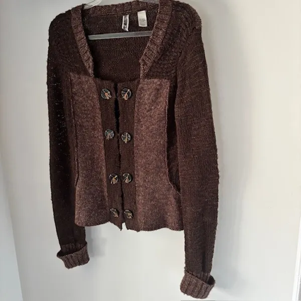 BKE Two Tone Brown Knit Long Sleeve Cardigan L Decorative Buttons Boho Western - Image 2
